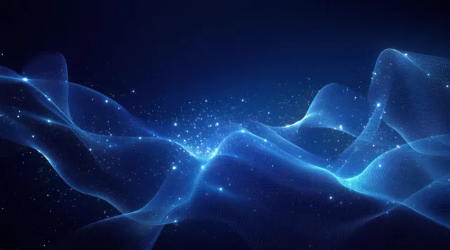 Futuristic abstract digital landscape with network lines, glowing nodes, and deep blue waves