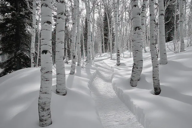 A snowy forest trail curves through birch trees with white trunks and fresh snow under overcast light.