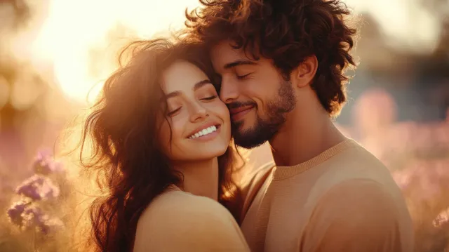 African American couple embracing in warm sunset glow outdoors