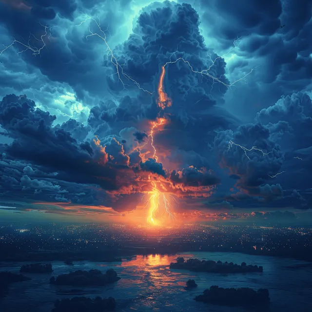 A single lightning bolt illuminates storm clouds above a dark landscape with a bright reflection on water.