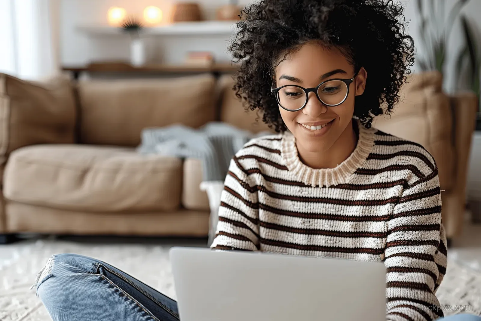 Smiling woman with glasses uses a laptop while sitting on the living-room floor near a couch.
