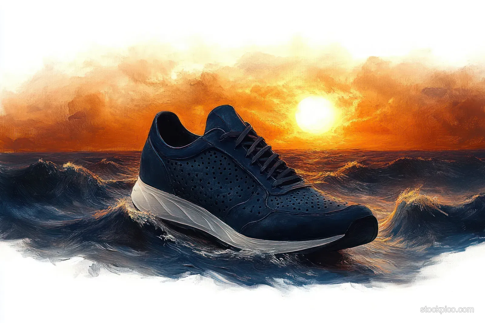 Dark blue sneaker floating above rough ocean waves under a fiery orange sunset sky.
