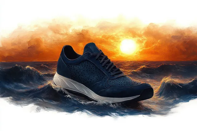 Dark blue sneaker floating on ocean waves beneath a fiery orange sunset glow
