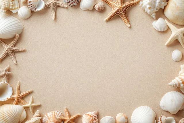 White and beige seashells and starfish frame a sandy beach background with an empty center space.