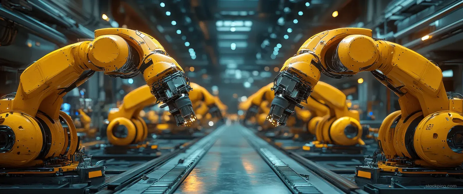 Two yellow robotic arms operate above a conveyor inside a neon-lit smart factory corridor.