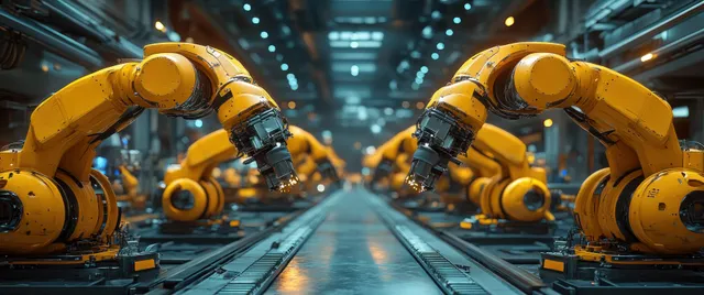 Two yellow robotic arms operate above a conveyor inside a neon-lit smart factory corridor.