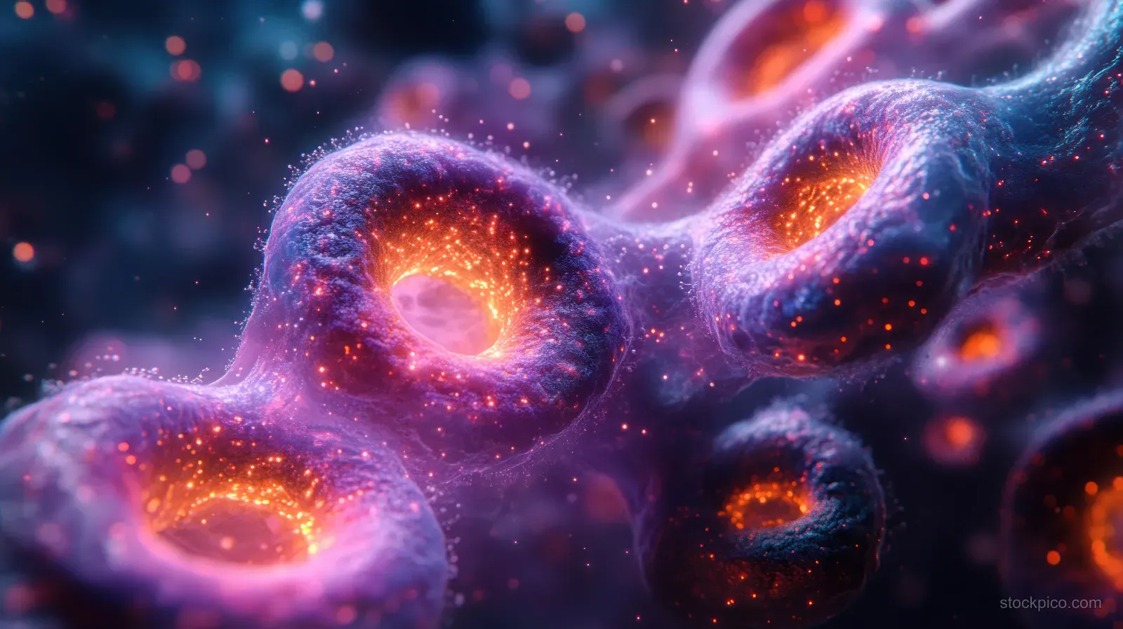 Colorful glowing virus particles swirl through a dark, abstract biological network background.