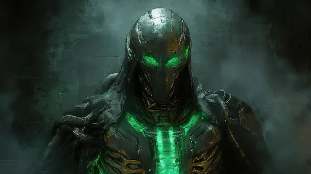 Mechanical skeleton figure with glowing green core in smoky dark cinematic scene