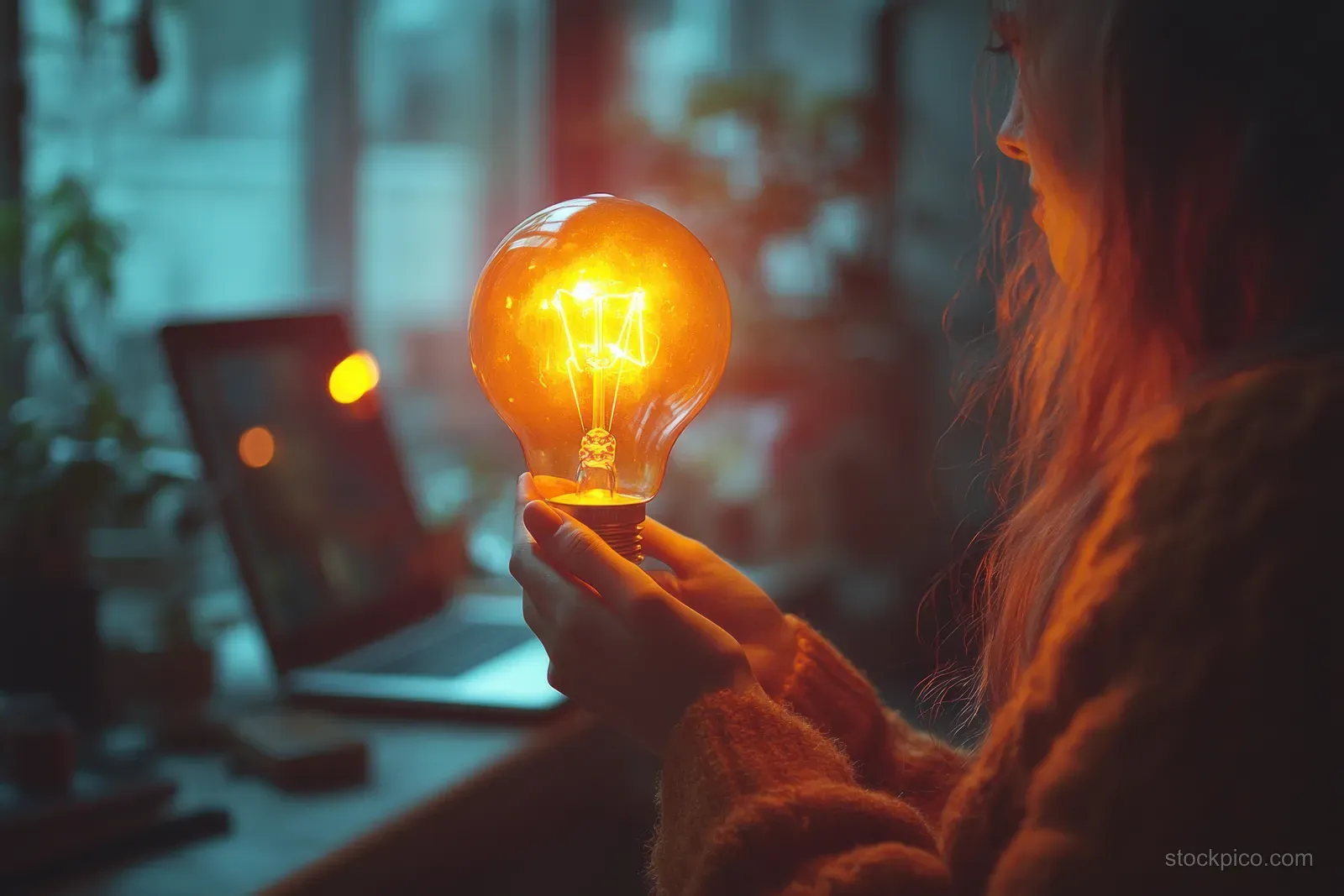 Woman holds a glowing light bulb near a laptop on a wooden desk in a softly blurred room.