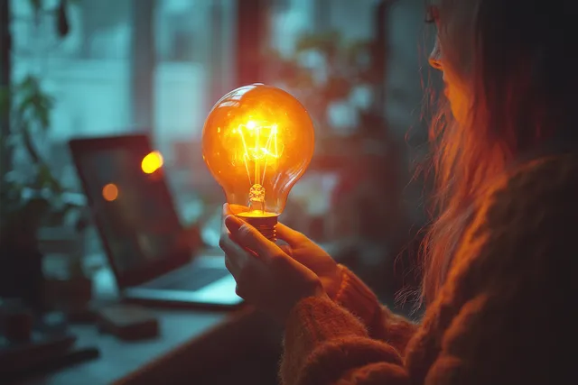 Woman holding glowing light bulb beside laptop on wooden desk in softly lit room