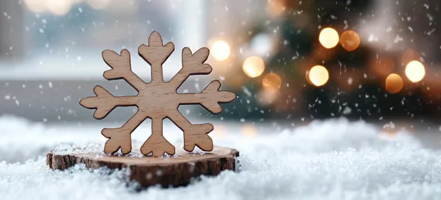 Wooden snowflake ornament resting on snowy ground with warm fairy lights softly blurred behind a window.