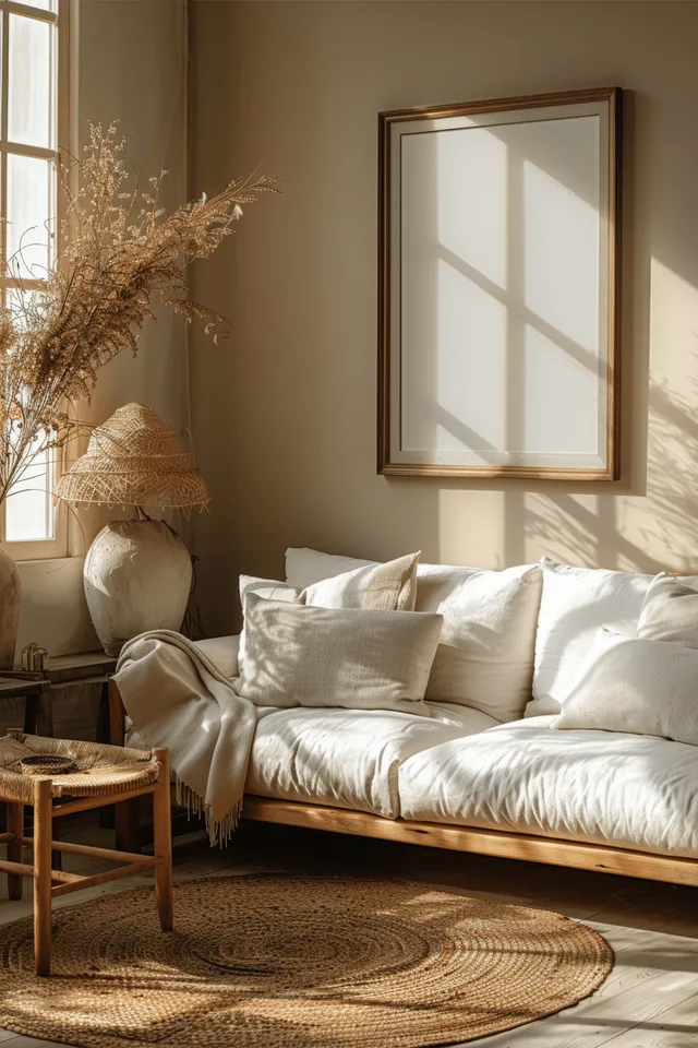 Scandinavian living room with beige wall, framed mockup, fabric sofa, warm sunlight shadows