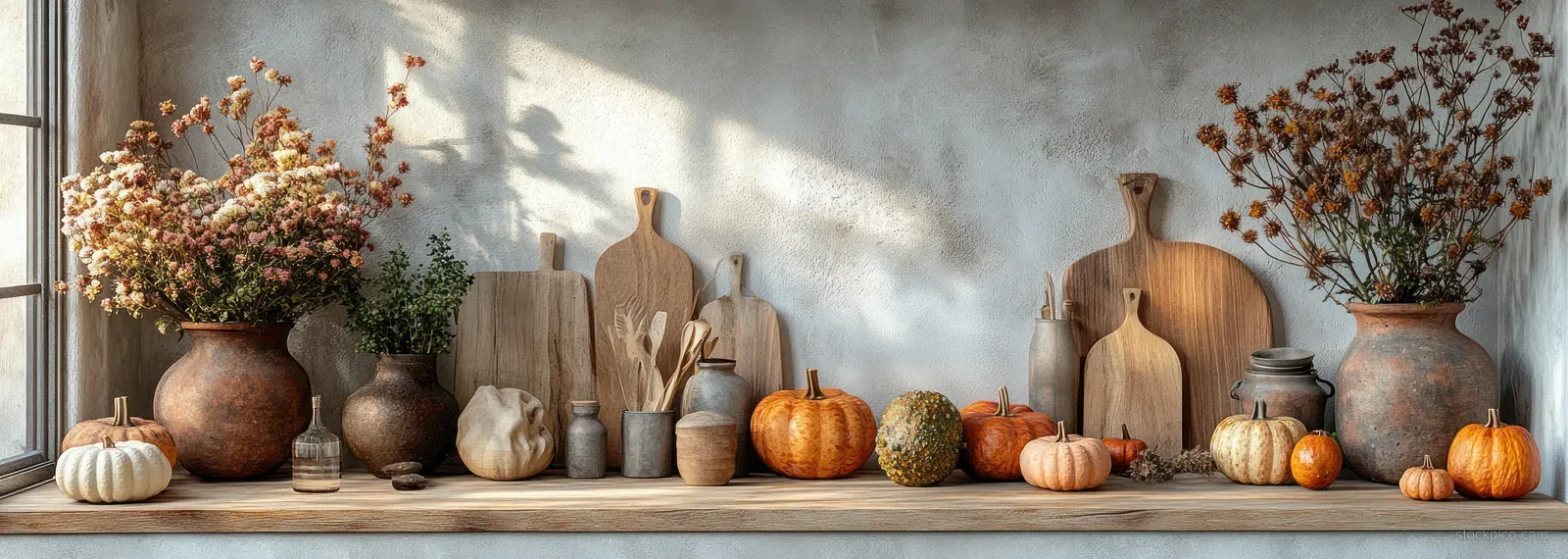 Autumn kitchen counter decor shows wooden utensils, pumpkins, and dried flowers arranged on a white background.