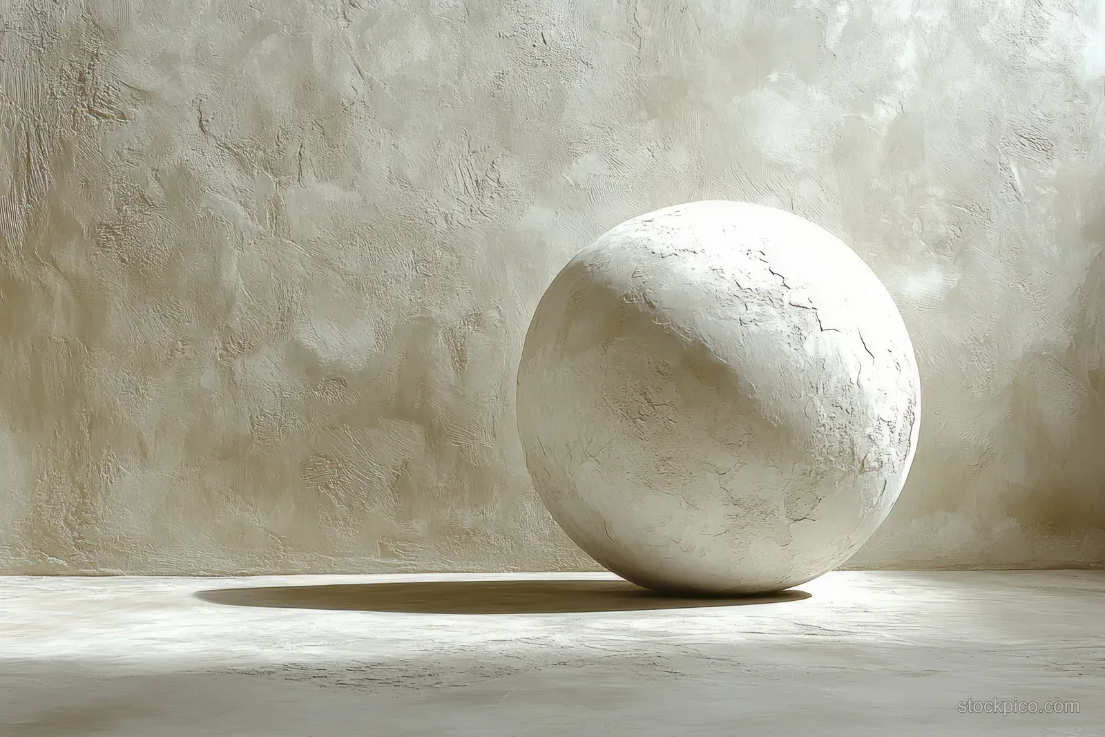 A powdery white sphere sits on a light concrete surface with subtle peach fuzz texture under soft diffused light.