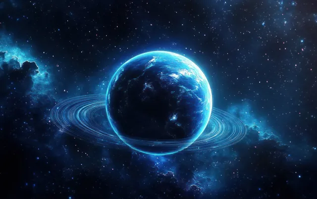 Blue planet with glowing rings floats amid starlight and swirling nebula clouds