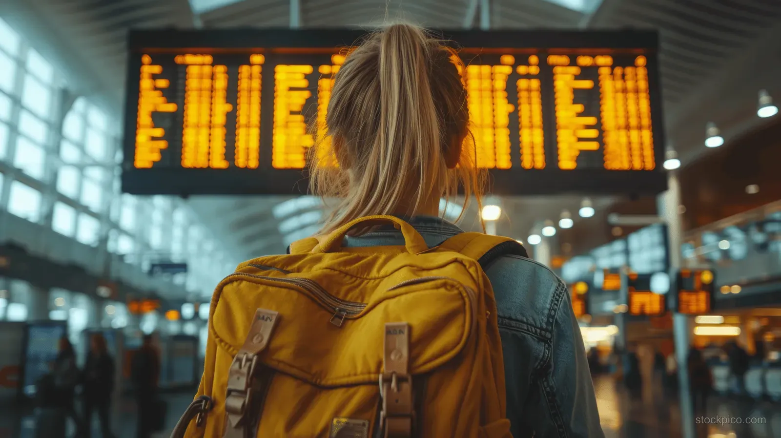 A young woman with a yellow backpack checks flight information while holding a suitcase at an airport terminal.