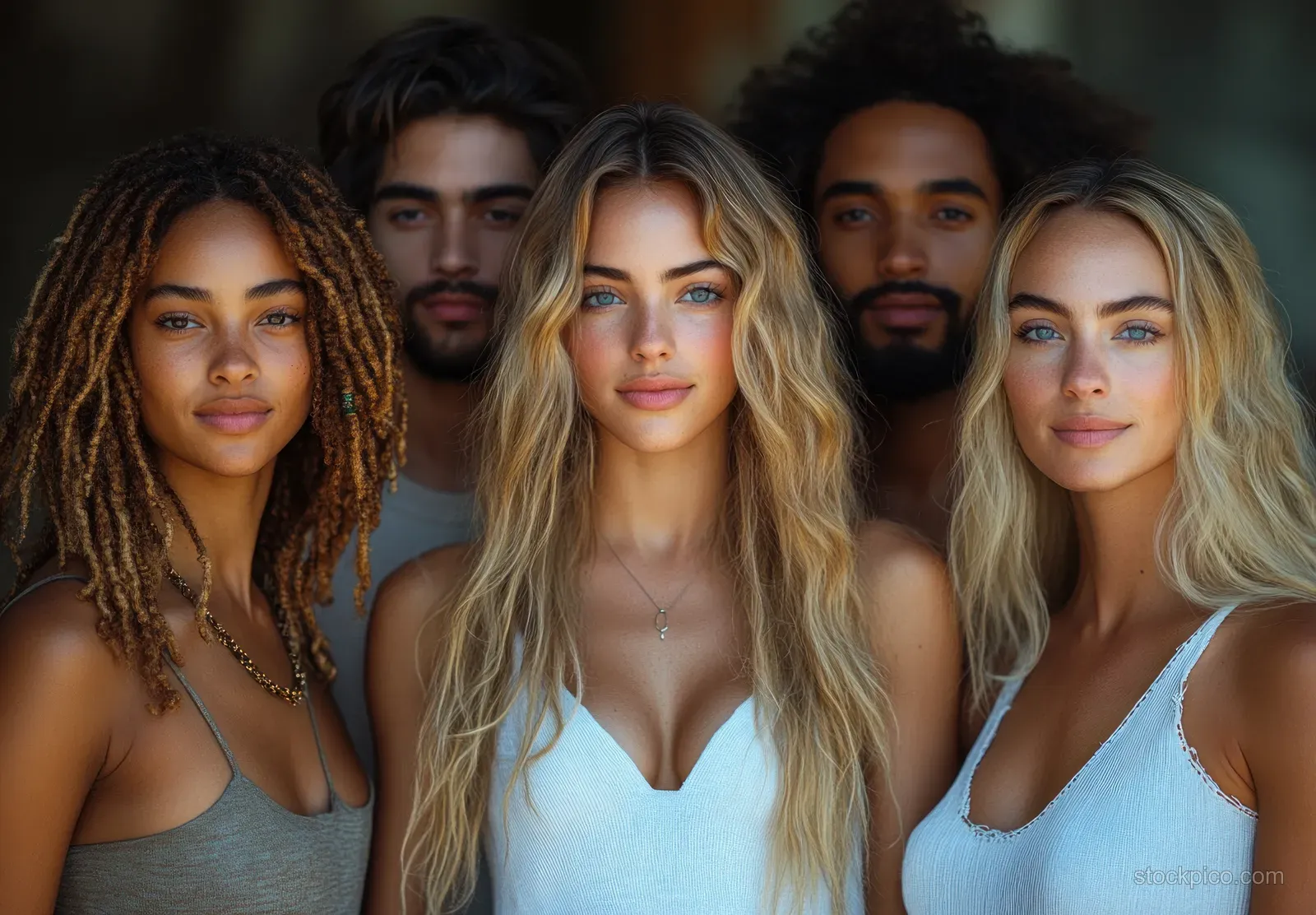 A diverse group of women pose together with confident smiles in soft natural light.