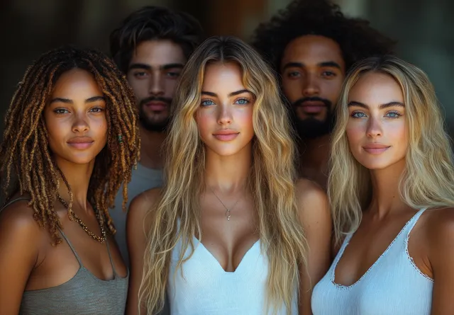 Diverse group of women posing together, warm expressions and natural soft light
