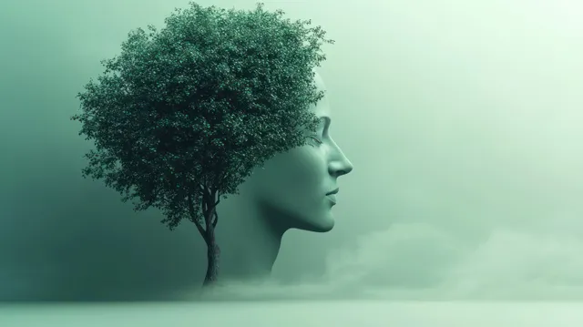 A minimalist surreal human profile made of a tree stands in mist on a green background.