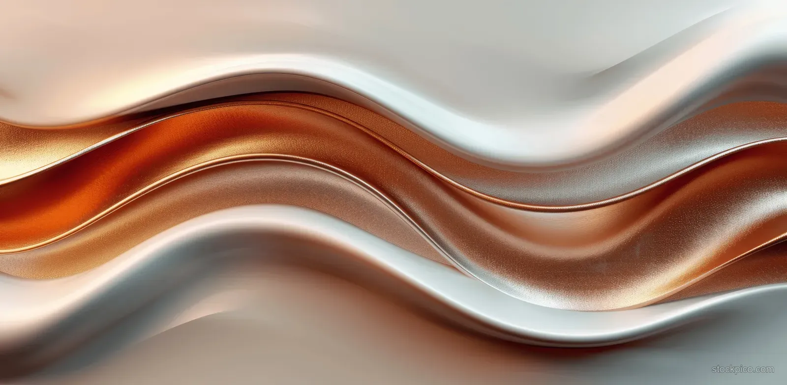 Layered copper wave ribbons curve across a white and brown abstract background.