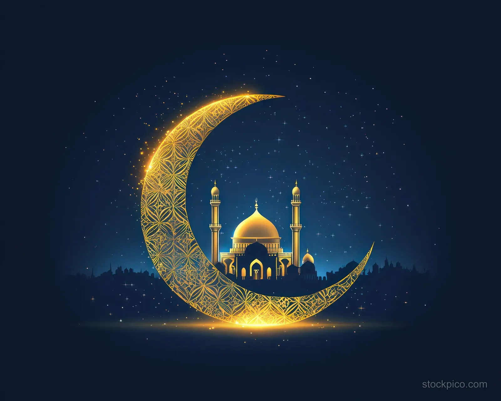 Golden patterned crescent moon floats above an illuminated mosque silhouette with domes and minarets under sparkling stars.