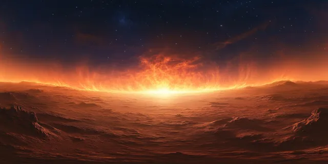 Surreal Martian desert at twilight with glowing horizon, alien dunes, and a starry sky in a panoramic projection.