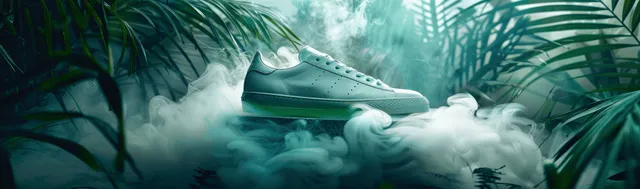 White and green sporty sneaker floating in tropical mist with palm leaves behind it.
