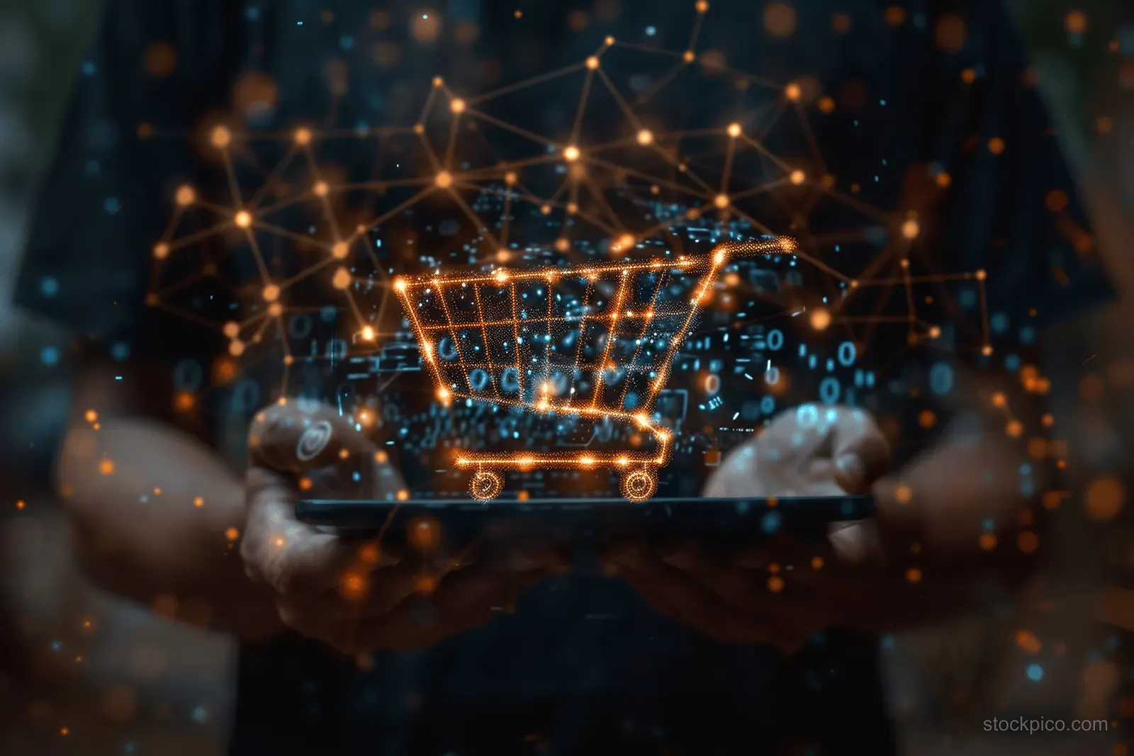 Hands hold a smartphone with illuminated shopping cart graphics floating over a digital network background.