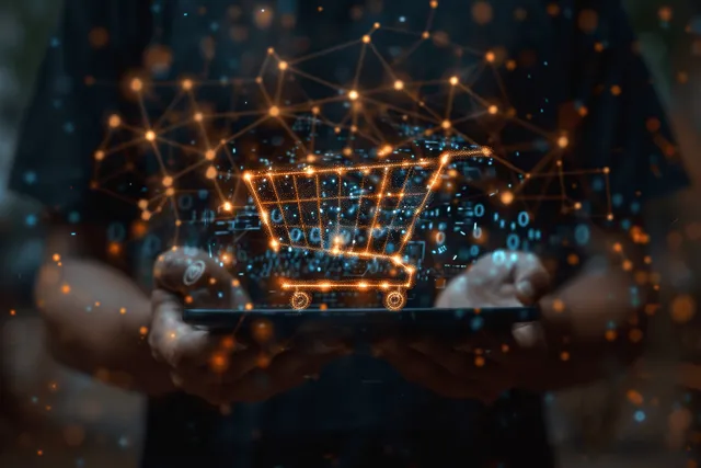 Hands hold a smartphone with illuminated shopping cart graphics floating over a digital network background.
