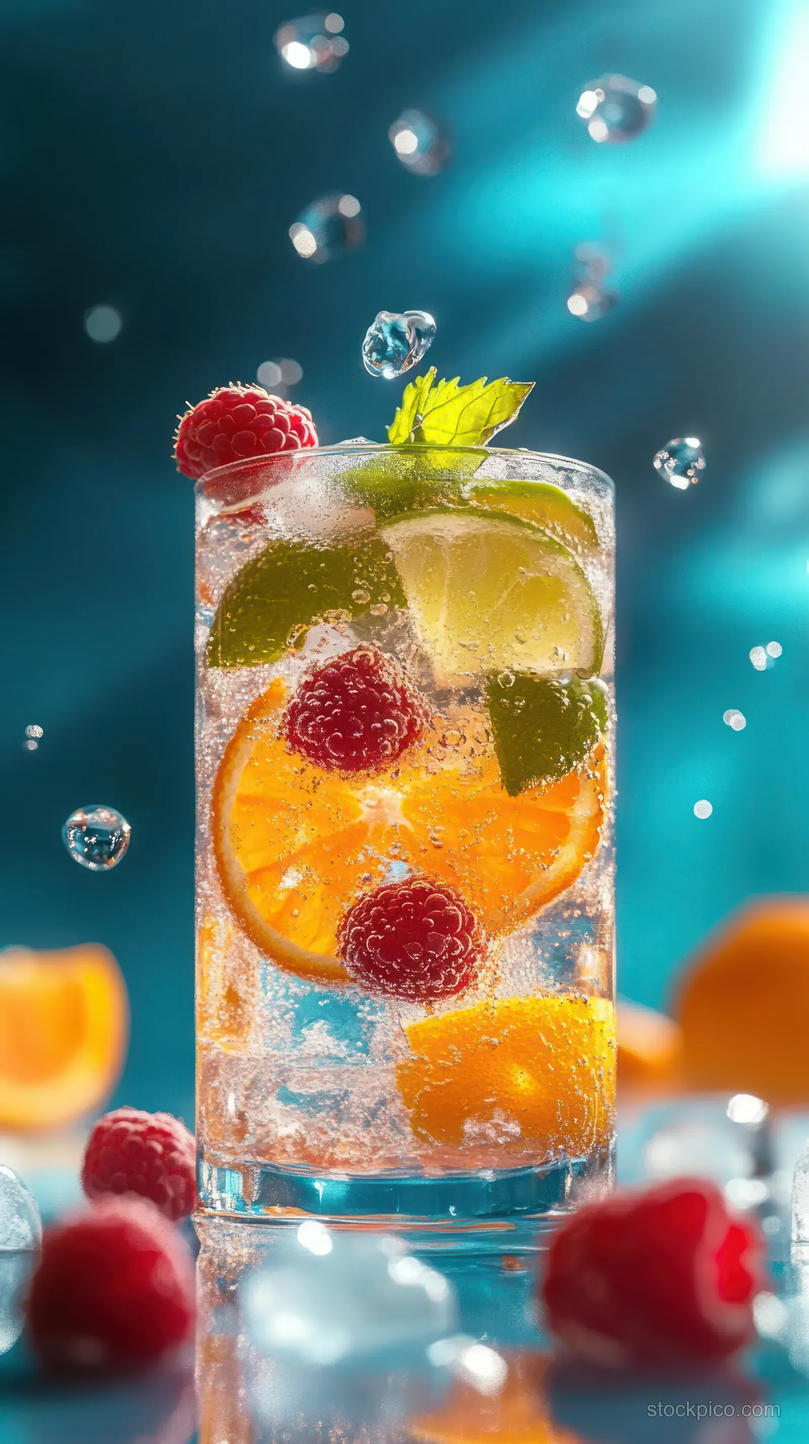 Sparkling water in a glass with ice, orange slices, raspberries, lime wedges, and a mint leaf against a blue background.