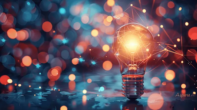 Glowing light bulb with network lines amid colorful bokeh sparks on dark background