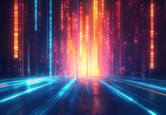 Neon light tunnel with geometric grid lines, glowing streaks, and abstract sci‑fi depth