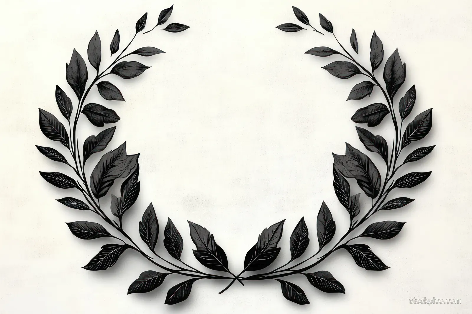 Symmetrical black laurel wreath of detailed leaves arranged in a circular frame on a light beige textured background.