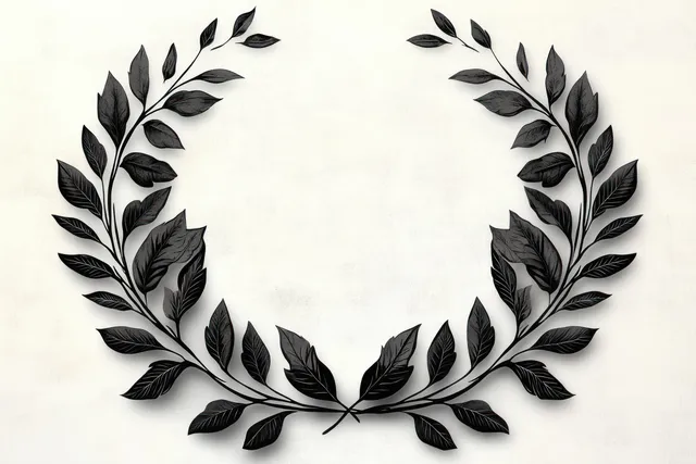 Symmetrical black laurel wreath of detailed leaves arranged in a circular frame on a light beige textured background.