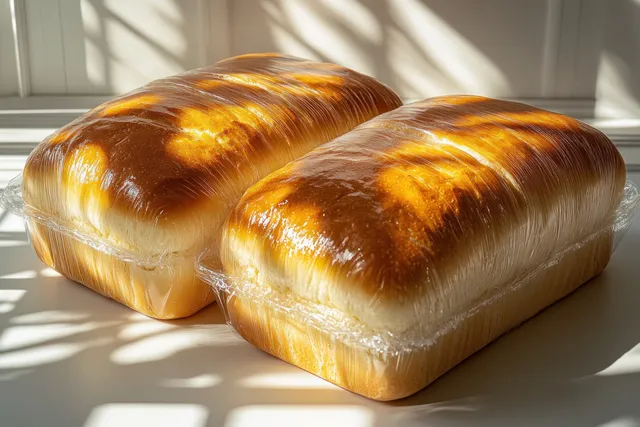 Sliced bread in a clear plastic bag displayed from above on a clean white background.