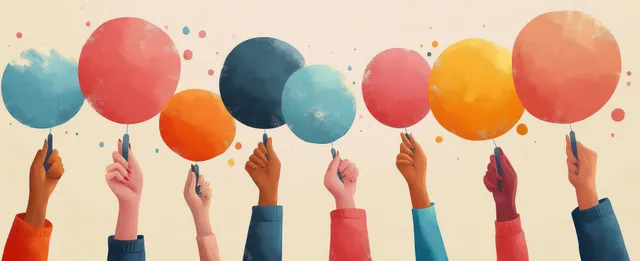Diverse hands reaching for colorful balloons over a bright communication-themed background