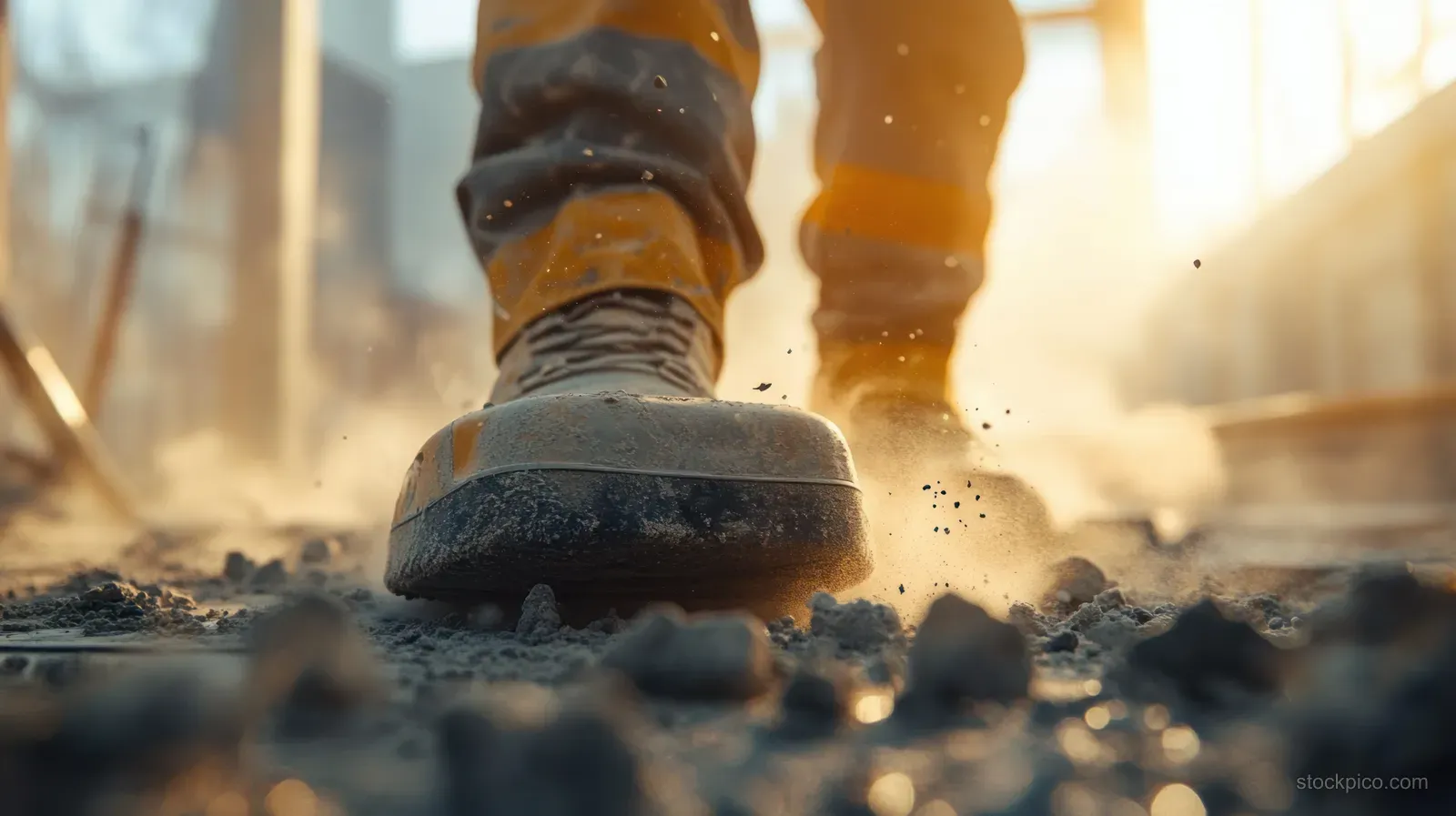 Work boots step on dusty construction ground with sunlight rays illuminating flying dust particles.