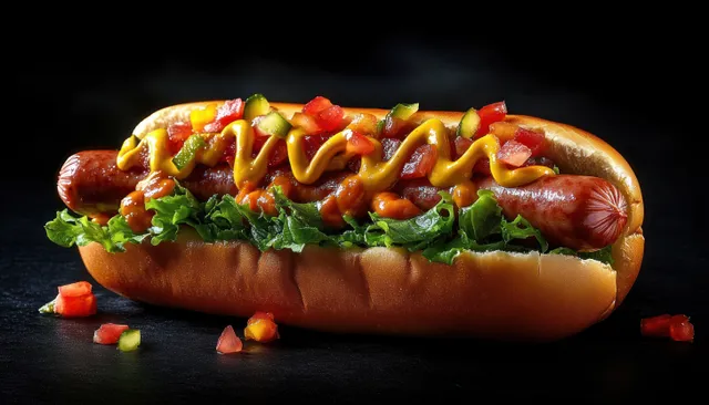 Cachorro-quente gourmet com salsicha suculenta e coberturas frescas repousando sobre um fundo escuro de ardósia sob iluminação dramática.