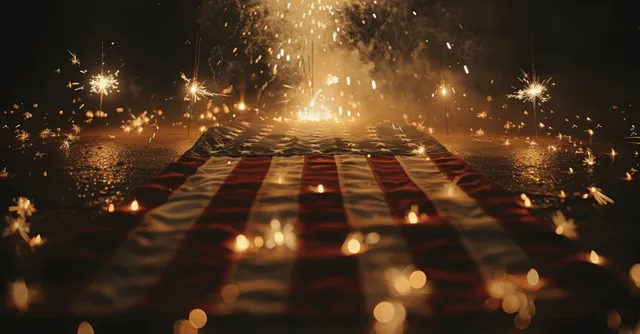 Sparklers burn over an American flag on dark wet ground with fireworks glow and bokeh lights behind.