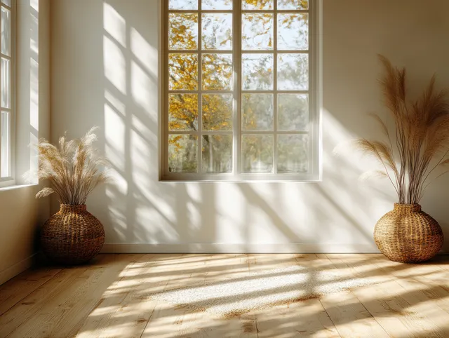 Empty wall frames in a minimalist interior as sunlight pours from a tall window onto wood flooring.