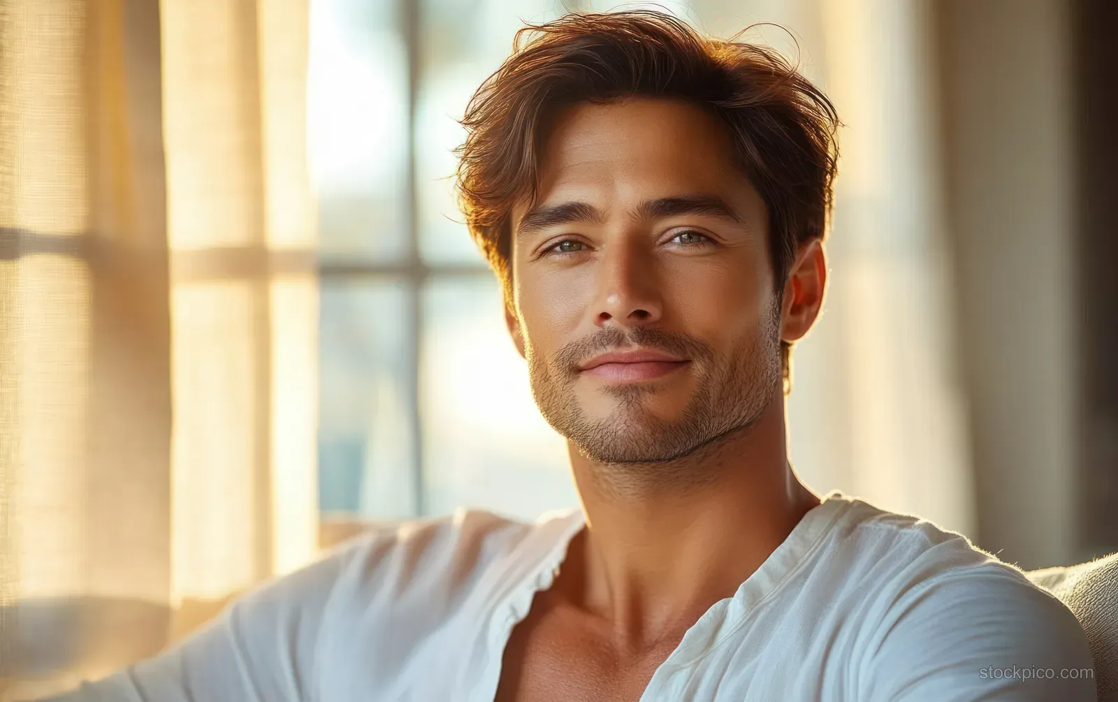 Smiling senior man in a white shirt seated by a bright window with warm daylight on his face.