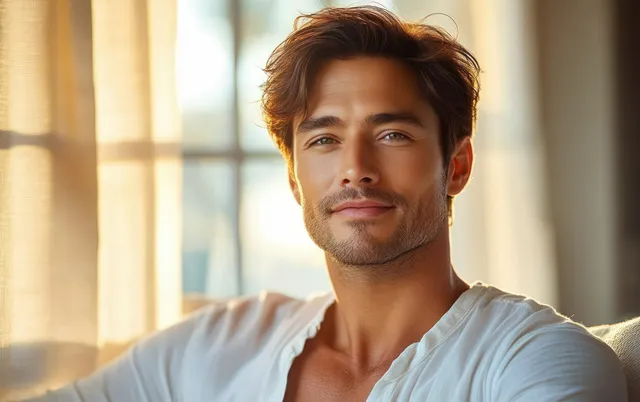 Smiling senior man in a white shirt seated by a bright window with warm daylight on his face.