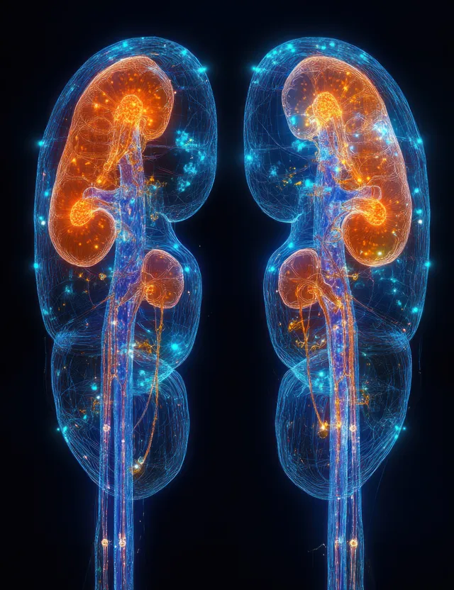 Glowing neon kidneys and bladder appear inside a human outline against a dark background.
