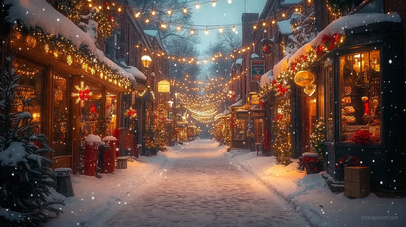 Snow-covered street at night with storefront windows lit by festive holiday lights, wreaths, and garlands.