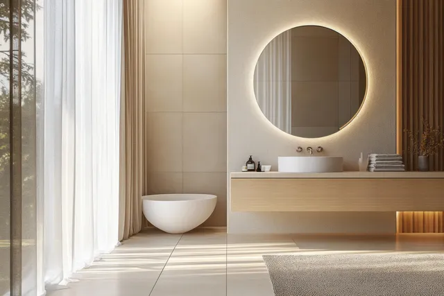 Sunlit minimalist bathroom with a round backlit mirror, floating wood vanity, sheer curtains, and a white freestanding bathtub.