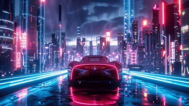 Electric sports car speeding on a neon-lit night highway with blue light trails and foggy city skyline lighting.