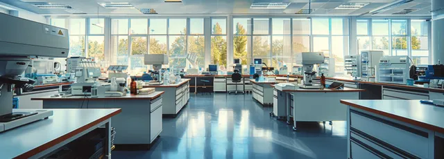 Bright laboratory interior with clean benches, analytical instruments, and microscopes along windows.