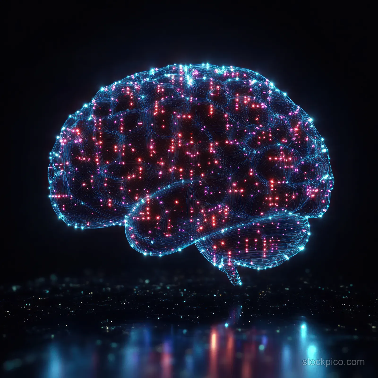 A glowing digital brain made of blue and red connected nodes floats on a dark reflective background.