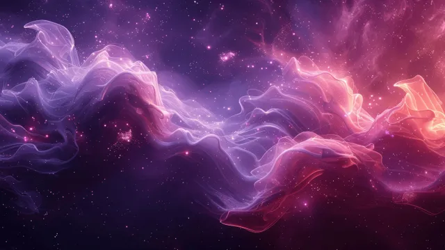 Purple and pink smoke waves swirl through a starry night background with glowing bokeh dots and sparkles.