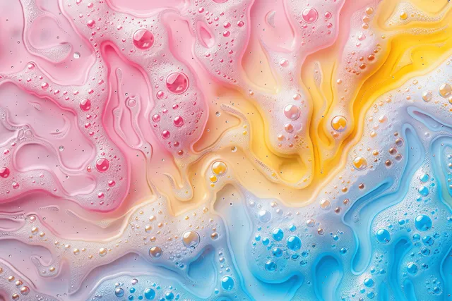 Pastel soapy foam bubbles swirling close-up over yellow pink and blue liquid